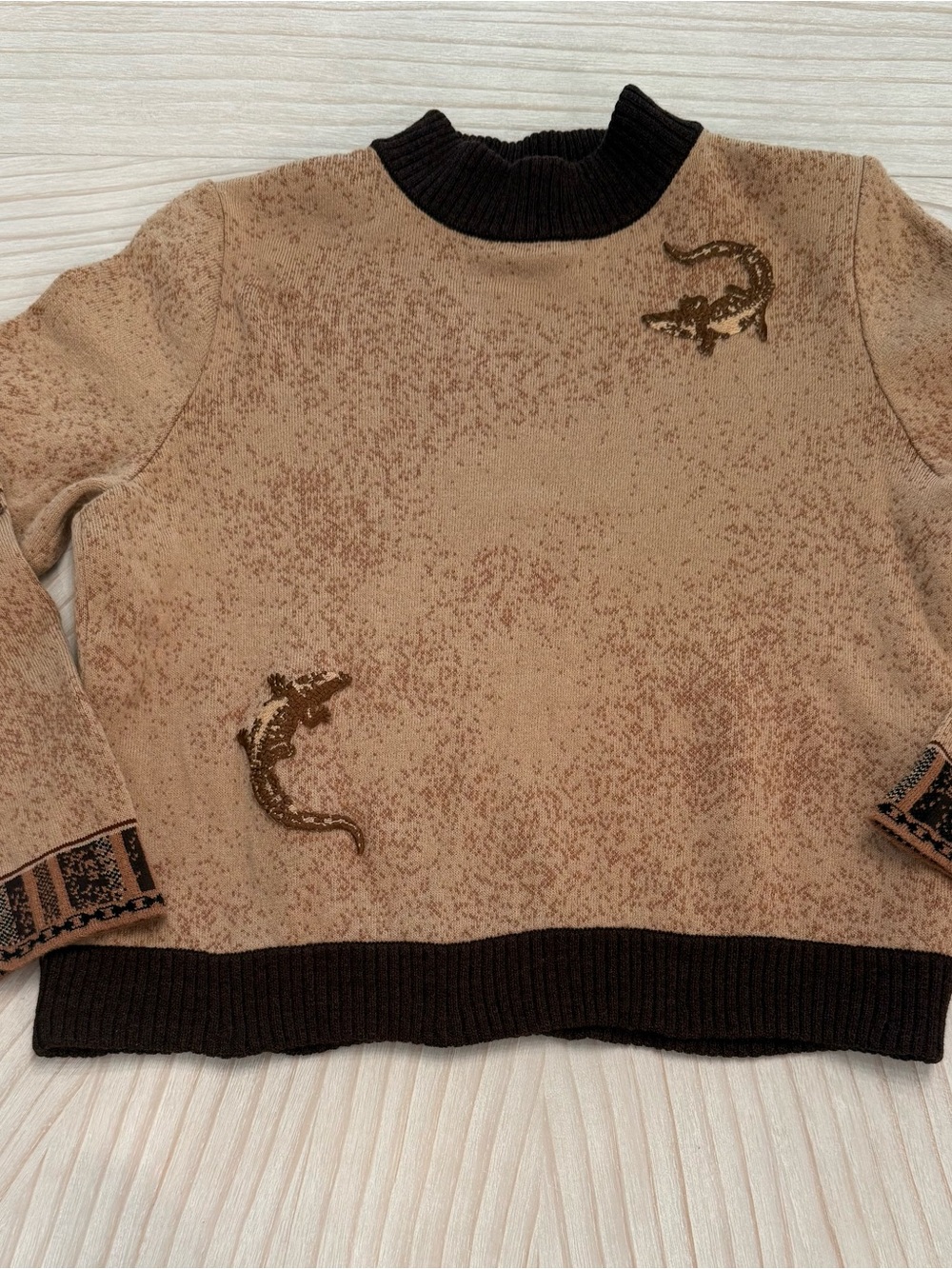 St. John Collection Tan and Dark Brown Crocodile Motif Mockneck Sweater Vintage
